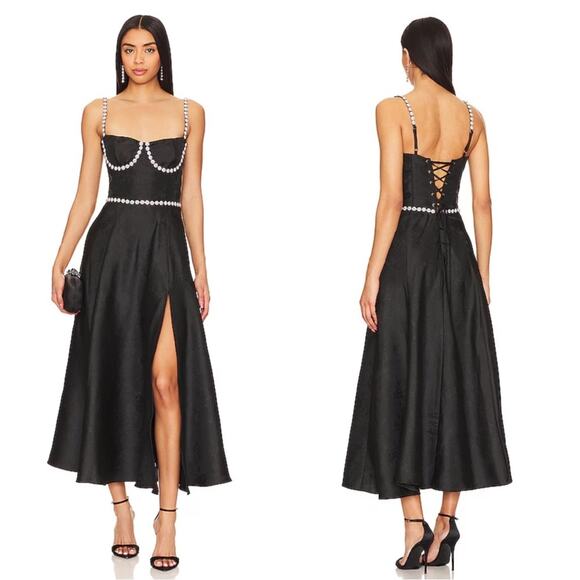 V. Chapman Cora Corset Black Windsor Brocade Crystal Embellished Midi Dress Sz 2 - Picture 1 of 10
